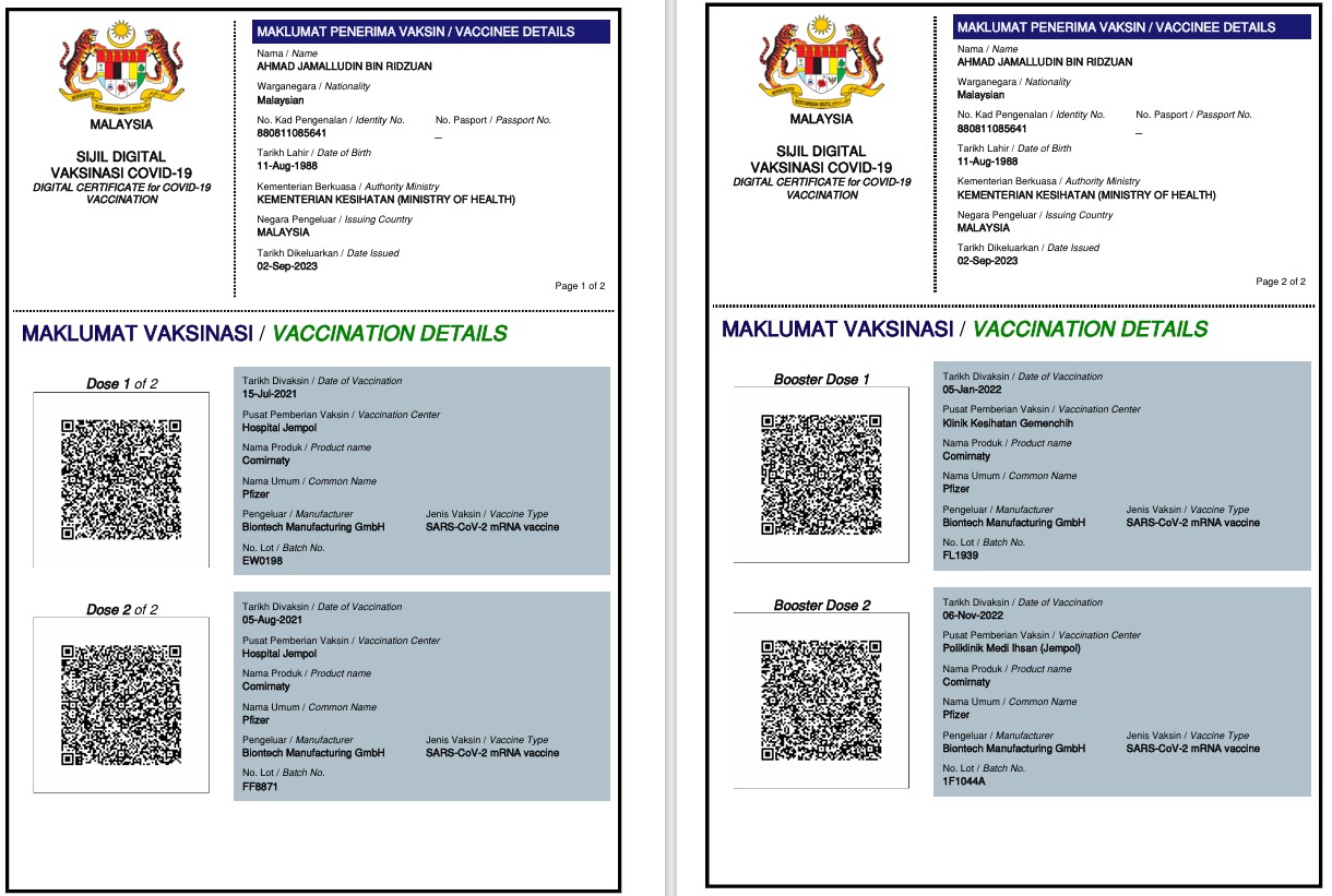 Bukti Pembayaran Dan Sijil Vaksinasi